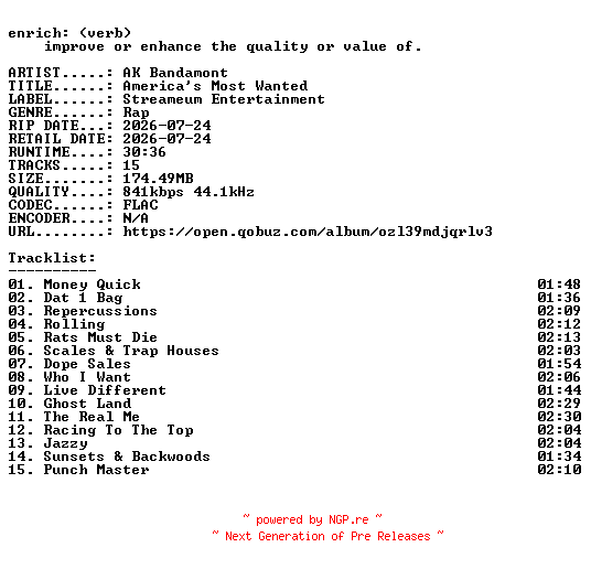 NFO for the release AK_Bandamont-Americas_Most_Wanted-16BIT-WEB-FLAC-2026-ENRiCH by ENRiCH