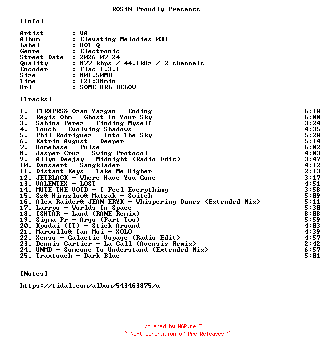 NFO for the release VA-Elevating_Melodies_031-16BIT-WEB-FLAC-2026-ROSiN by ROSiN