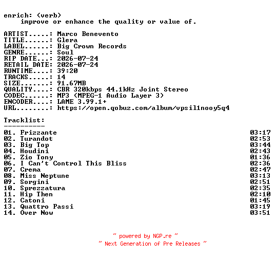 NFO for the release Marco_Benevento-Glera-WEB-2026-ENRiCH by ENRiCH