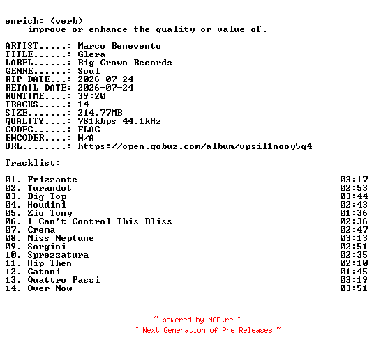 NFO for the release Marco_Benevento-Glera-16BIT-WEB-FLAC-2026-ENRiCH by ENRiCH