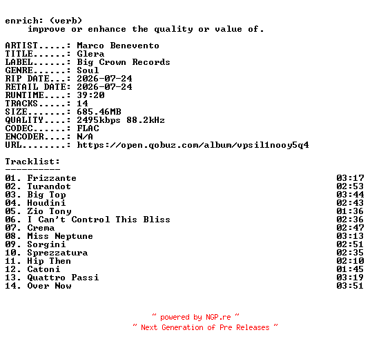 NFO for the release Marco_Benevento-Glera-24BIT-WEB-FLAC-2026-ENRiCH by ENRiCH