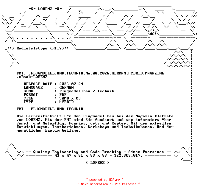 NFO for the release FMT.-.FLUGMODELL.UND.TECHNIK.No.08.2026.GERMAN.HYBRID.MAGAZINE.eBook-LORENZ by LORENZ