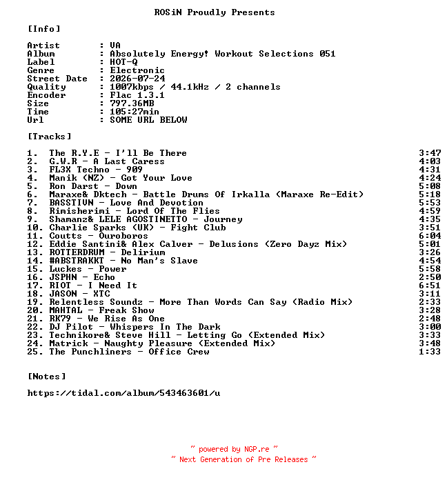 NFO for the release VA-Absolutely_Energy_Workout_Selections_051-16BIT-WEB-FLAC-2026-ROSiN by ROSiN