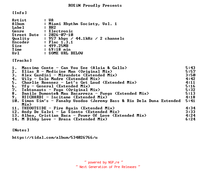 NFO for the release VA-Miami_Rhythm_Society_Vol._1-16BIT-WEB-FLAC-2026-ROSiN by ROSiN