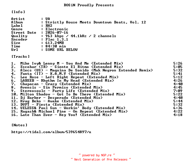 NFO for the release VA-Strictly_House_Meets_Downtown_Beats_Vol._12-16BIT-WEB-FLAC-2026-ROSiN by ROSiN