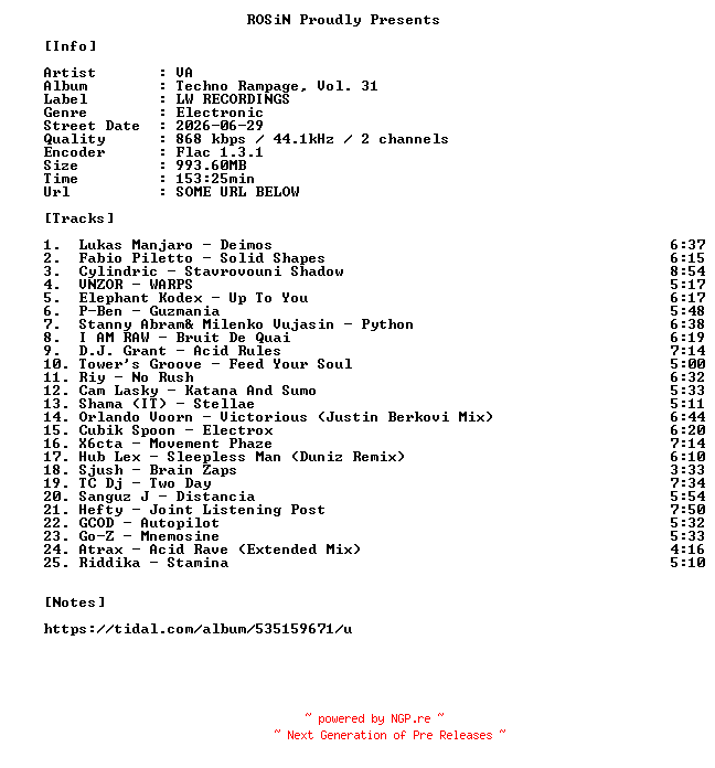 NFO for the release VA-Techno_Rampage_Vol._31-16BIT-WEB-FLAC-2026-ROSiN by ROSiN