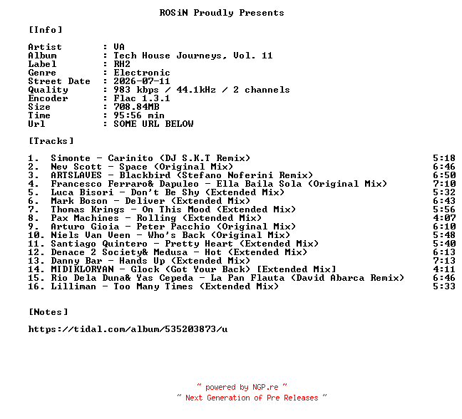 NFO for the release VA-Tech_House_Journeys_Vol._11-16BIT-WEB-FLAC-2026-ROSiN by ROSiN