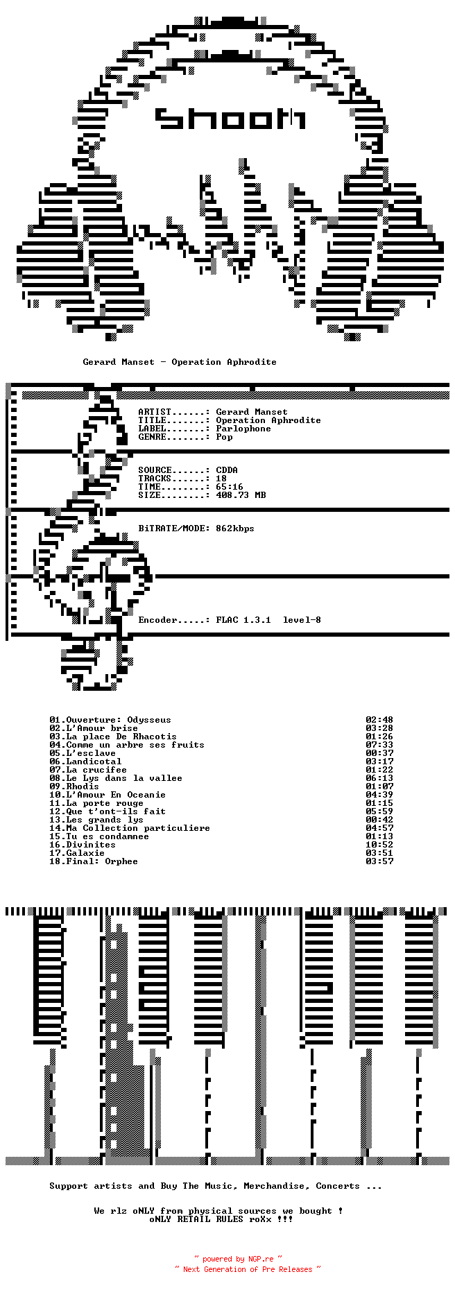 NFO for the release Gerard_Manset-Operation_Aphrodite-FR-CD-FLAC-2016-SNOOK by SNOOK