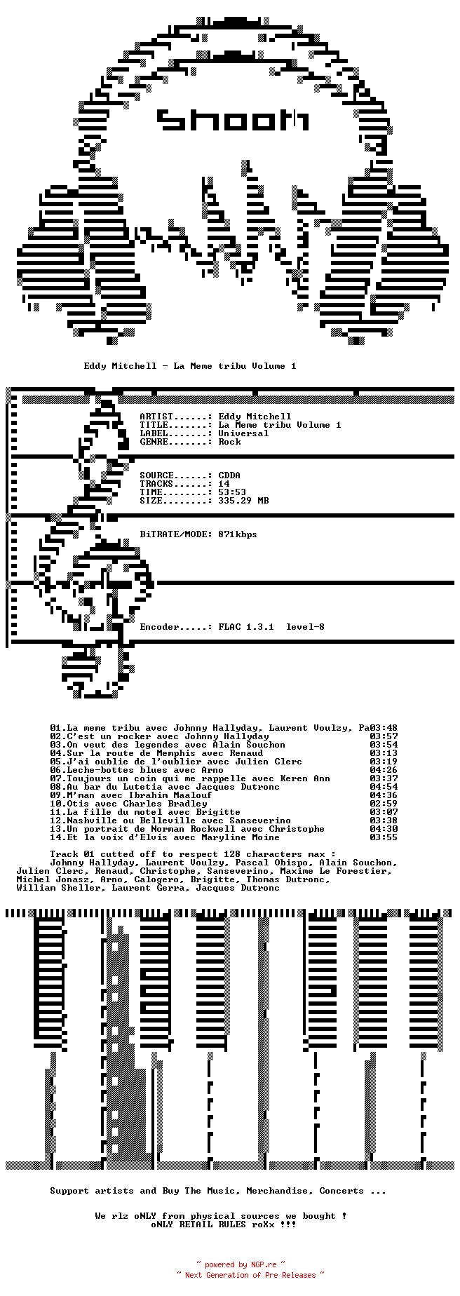 NFO for the release Eddy_Mitchell-La_Meme_Tribu_Volume_1-FR-CD-FLAC-2017-SNOOK by SNOOK