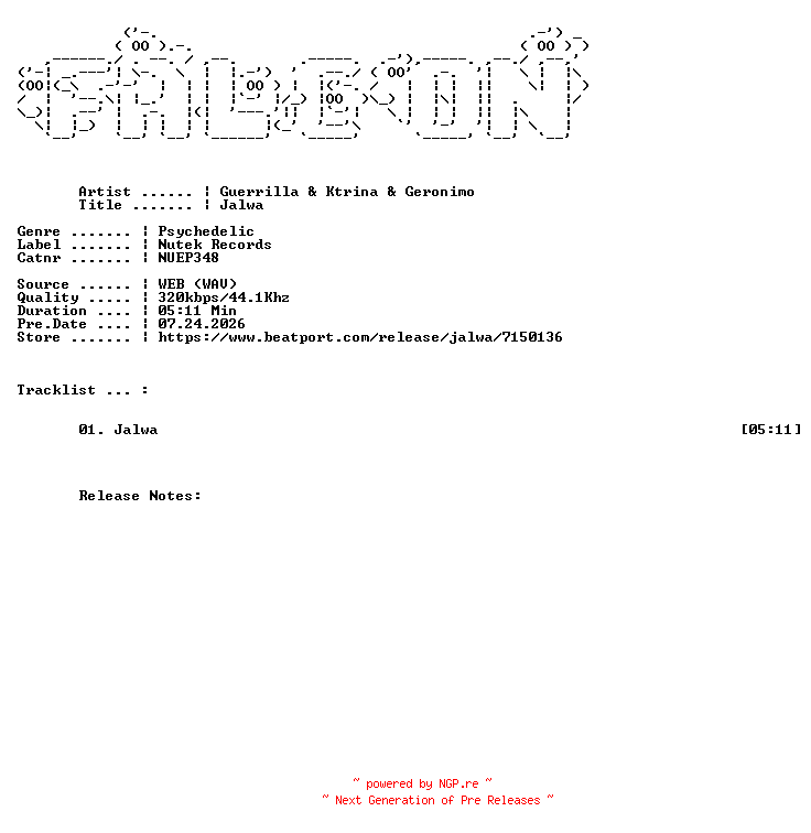 NFO for the release Guerrilla_And_Ktrina_And_Geronimo-Jalwa-(NUEP348)-SINGLE-WEB-2026-FALCON by FALCON