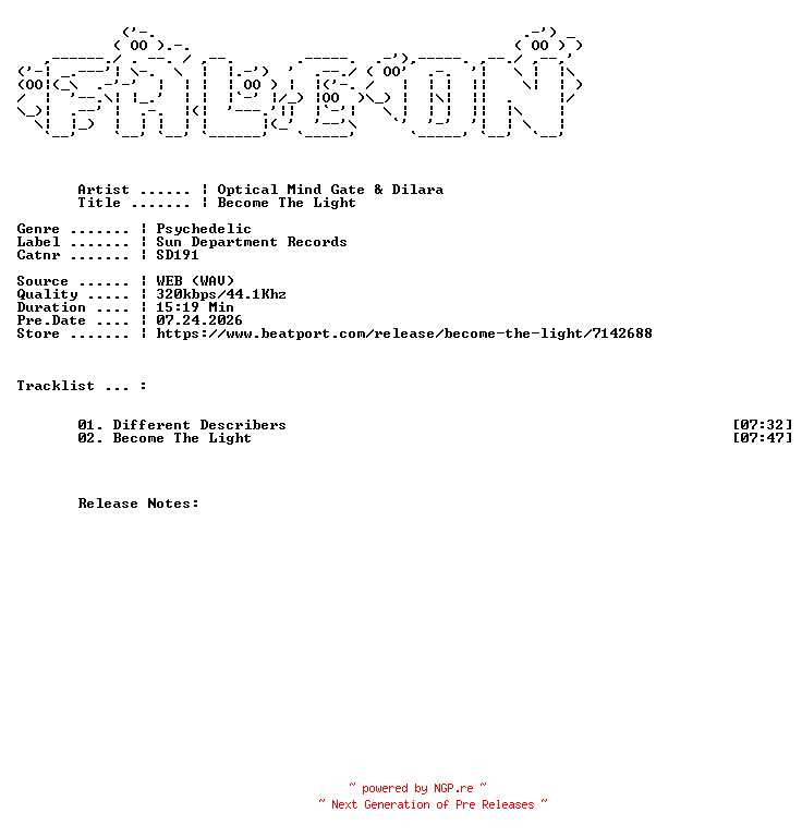 NFO for the release Optical_Mind_Gate_And_Dilara-Become_The_Light-(SD191)-WEB-2026-FALCON by FALCON
