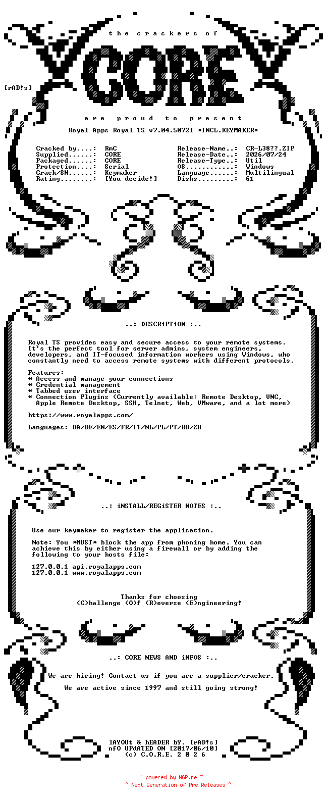 NFO for the release Royal.Apps.Royal.TS.v7.04.50721.x64.Multilingual.Incl.Keymaker-CORE by CORE