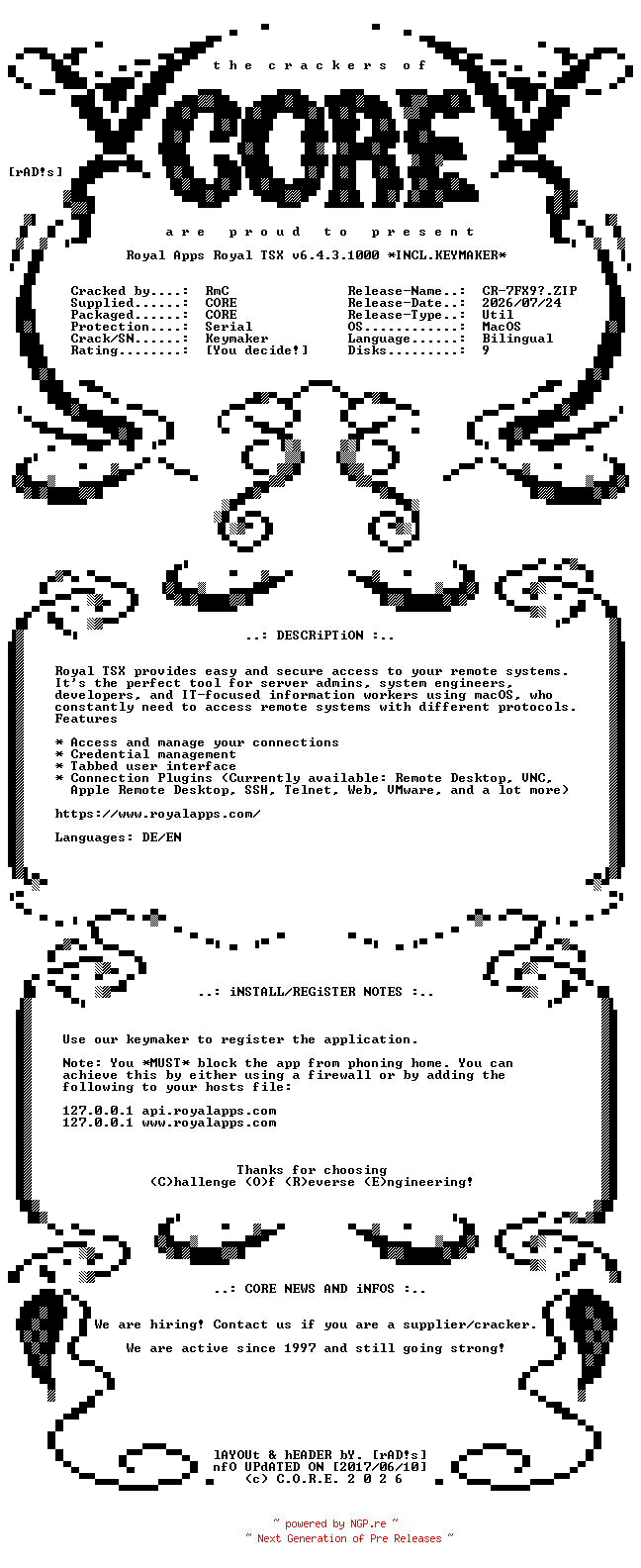 NFO for the release Royal.Apps.Royal.TSX.v6.4.3.1000.MacOS.UB.Bilingual.Incl.Keymaker-CORE by CORE