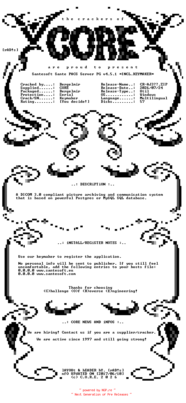 NFO for the release Santesoft.Sante.PACS.Server.PG.v4.5.1.x64.Multilingual.Incl.Keymaker-CORE by CORE