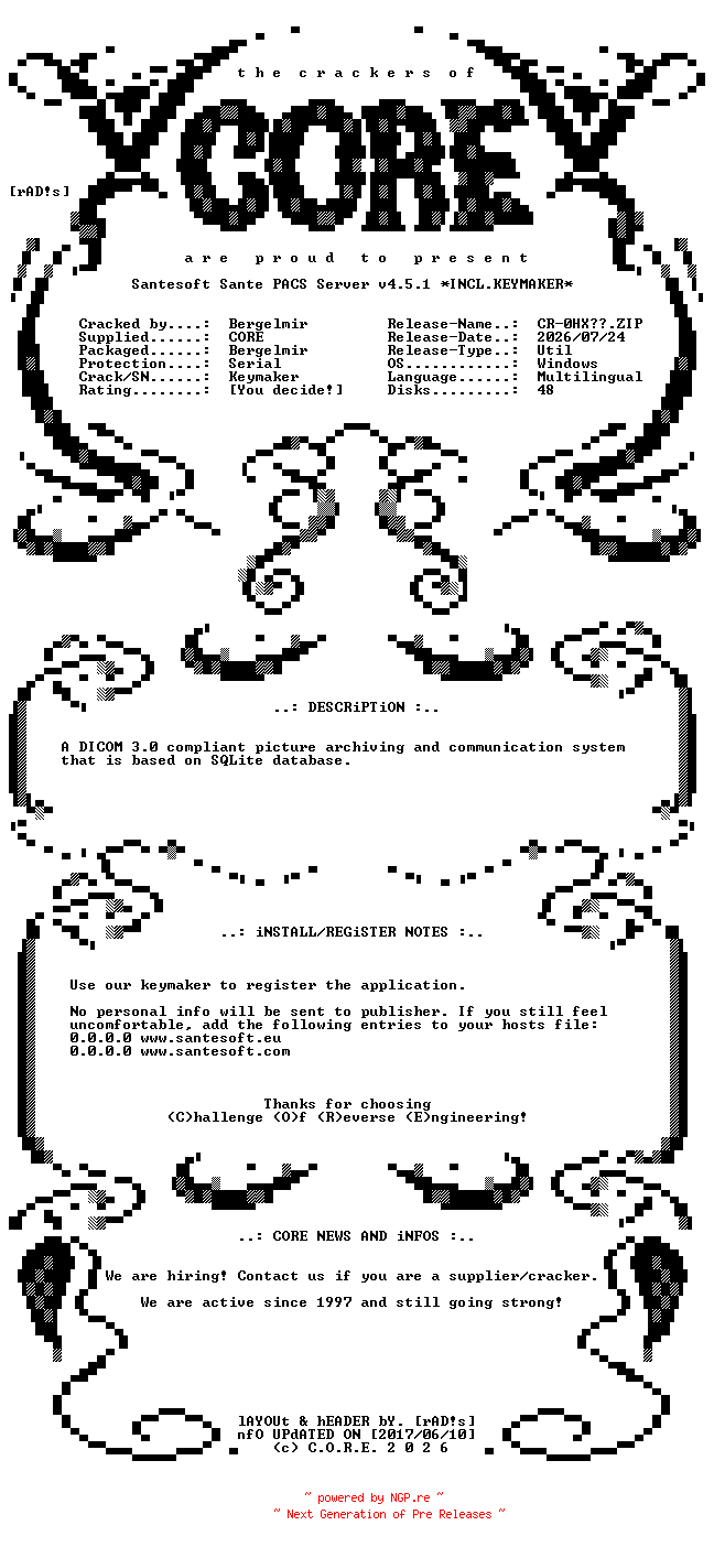 NFO for the release Santesoft.Sante.PACS.Server.v4.5.1.x64.Multilingual.Incl.Keymaker-CORE by CORE