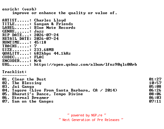 NFO for the release Charles_Lloyd-Sangam_and_Friends-16BIT-WEB-FLAC-2026-ENRiCH by ENRiCH