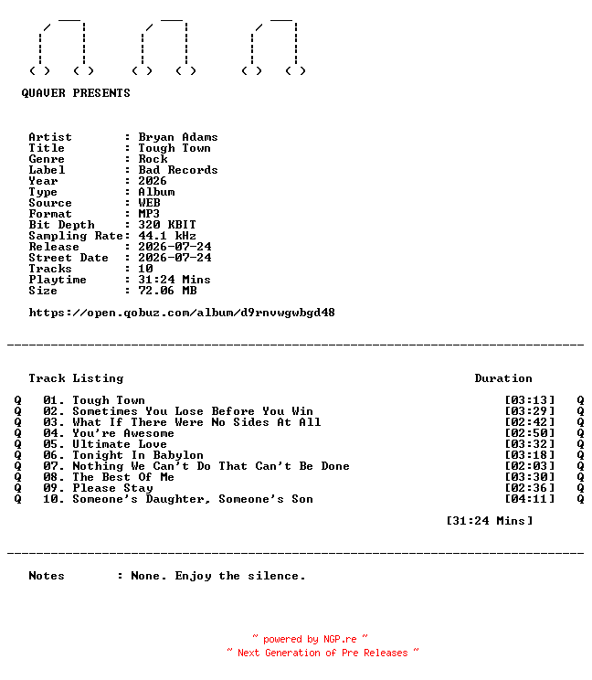 NFO for the release Bryan_Adams-Tough_Town-WEB-2026-QUAVER by QUAVER