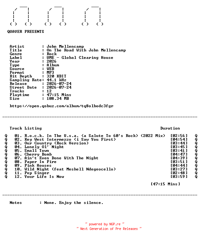 NFO for the release John_Mellencamp-On_The_Road_With_John_Mellencamp-WEB-2026-QUAVER by QUAVER