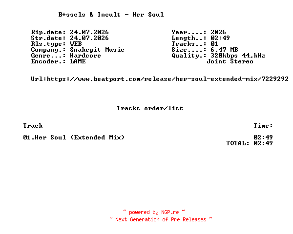 NFO for the release Boessels_And_Incult_-_Her_Soul-(SPM159)-SINGLE-WEB-2026-FMC by FMC