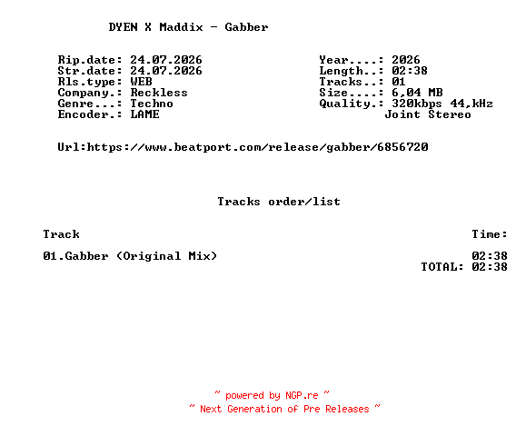NFO for the release DYEN_X_Maddix_-_Gabber-(RCKLSS002D)-SINGLE-WEB-2026-FMC by FMC