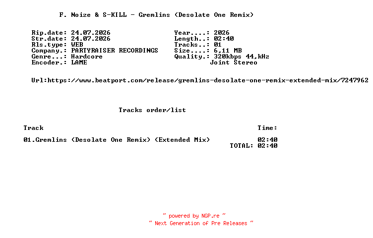 NFO for the release F._Noize_And_S-KILL_-_Gremlins_(Desolate_One_Remix)-(PR282)-SINGLE-WEB-2026-FMC by FMC