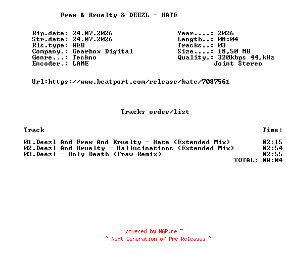 NFO for the release Fraw_And_Kruelty_And_DEEZL_-_HATE-(GBD563)-WEB-2026-FMC by FMC