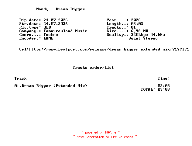 NFO for the release Mandy_-_Dream_Bigger-(TML318)-SINGLE-WEB-2026-FMC by FMC