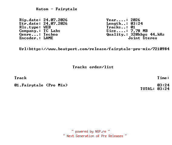 NFO for the release Hatom_-_Fairytale-(TCLABSPRO204)-SINGLE-WEB-2026-FMC by FMC