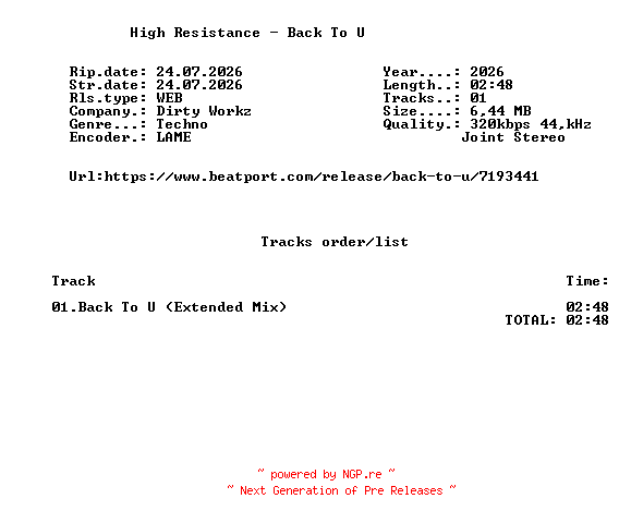 NFO for the release High_Resistance_-_Back_To_U-(DWX2183)-SINGLE-WEB-2026-FMC by FMC