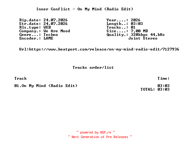 NFO for the release Inner_Conflict_-_On_My_Mind_(Radio_Edit)-SINGLE-WEB-2026-FMC by FMC