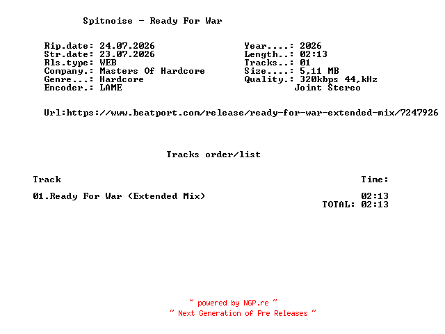 NFO for the release Spitnoise_-_Ready_For_War-(MOHDIGI584)-SINGLE-WEB-2026-FMC by FMC