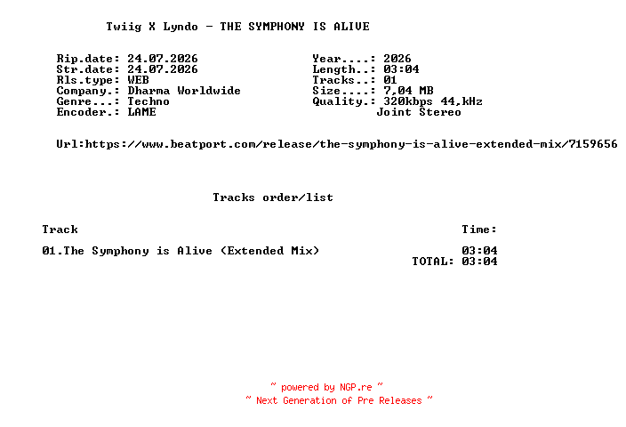 NFO for the release Twiig_X_Lyndo_-_THE_SYMPHONY_IS_ALIVE_(Extended_Mix)-SINGLE-WEB-2026-FMC by FMC