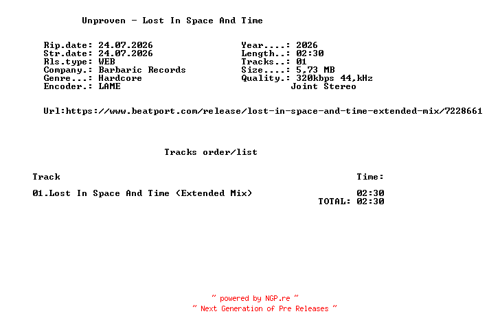 NFO for the release Unproven_-_Lost_In_Space_And_Time-(BBR266)-SINGLE-WEB-2026-FMC by FMC