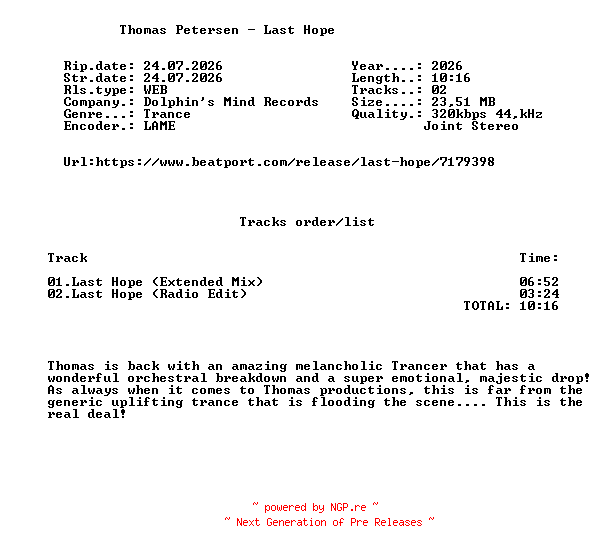NFO for the release Thomas_Petersen_-_Last_Hope-WEB-2026-FMC by FMC
