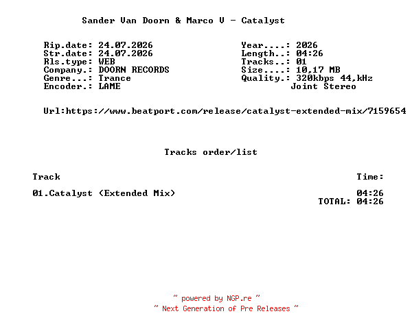 NFO for the release Sander_Van_Doorn_And_Marco_V_-_Catalyst_(Extended_Mix)-SINGLE-WEB-2026-FMC by FMC