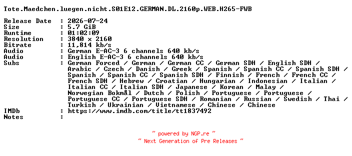 NFO for the release Tote.Maedchen.luegen.nicht.S01E12.GERMAN.DL.2160p.WEB.H265-FWB by FWB