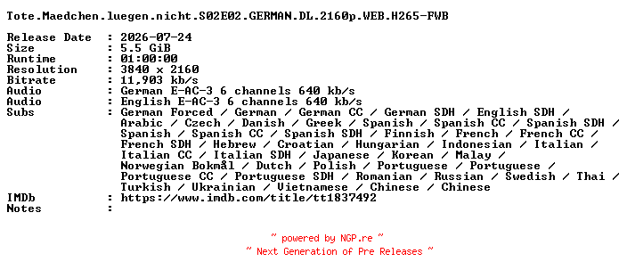 NFO for the release Tote.Maedchen.luegen.nicht.S02E02.GERMAN.DL.2160p.WEB.H265-FWB by FWB