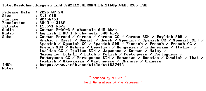 NFO for the release Tote.Maedchen.luegen.nicht.S02E12.GERMAN.DL.2160p.WEB.H265-FWB by FWB