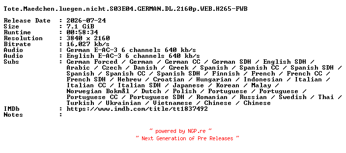 NFO for the release Tote.Maedchen.luegen.nicht.S03E04.GERMAN.DL.2160p.WEB.H265-FWB by FWB