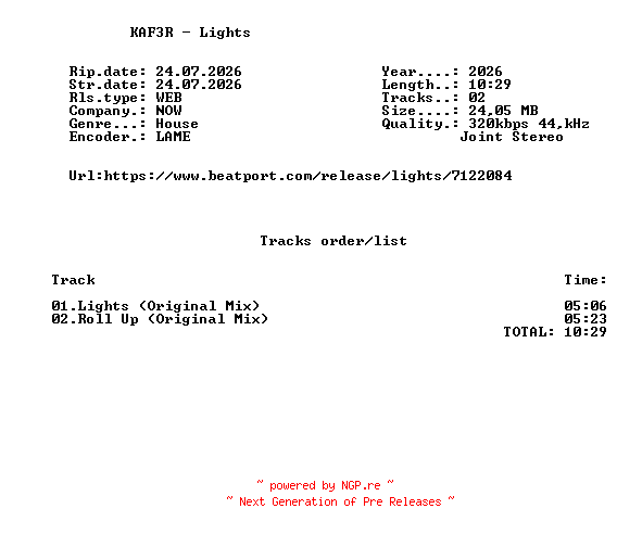NFO for the release KAF3R_-_Lights-(NOW023)-WEB-2026-FMC by FMC