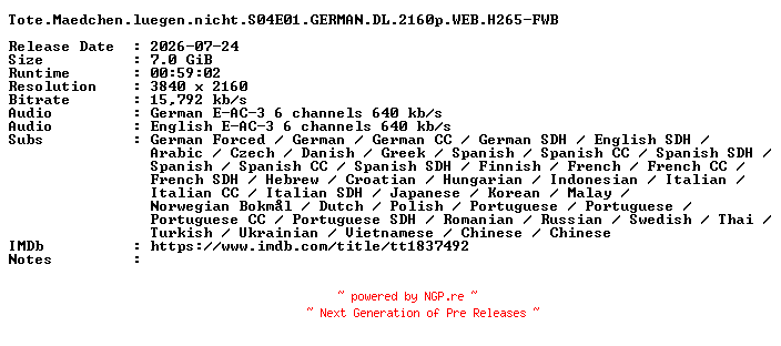NFO for the release Tote.Maedchen.luegen.nicht.S04E01.GERMAN.DL.2160p.WEB.H265-FWB by FWB