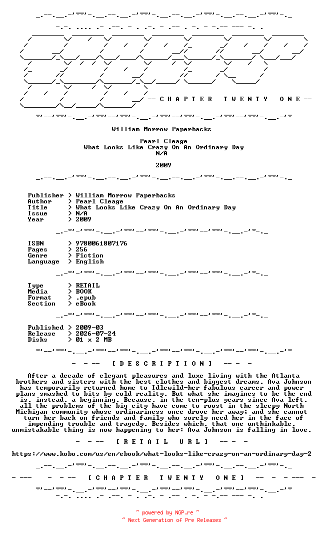 NFO for the release Pearl.Cleage.-.What.Looks.Like.Crazy.On.An.Ordinary.Day.2009.RETAIL.EPUB.eBook-CTO by CTO