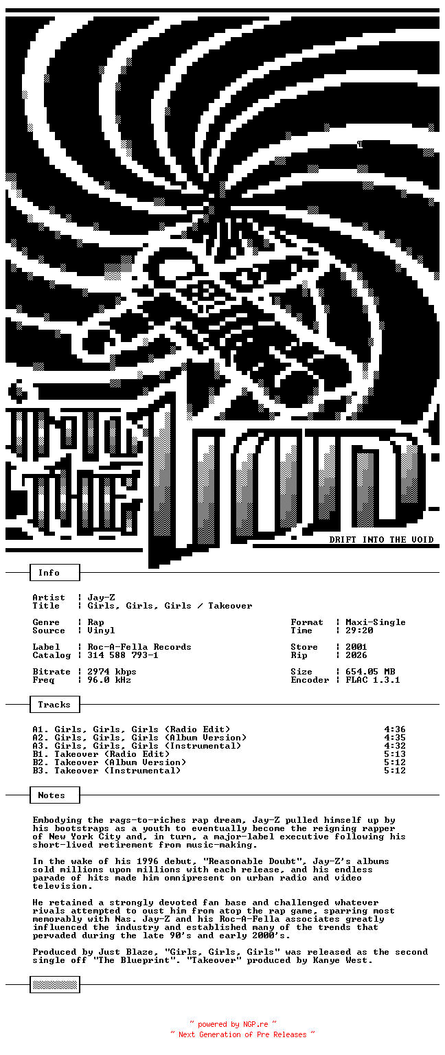 NFO for the release Jay-Z-Girls_Girls_Girls-Takeover-VLS-FLAC-2001-THEVOiD by THEVOiD