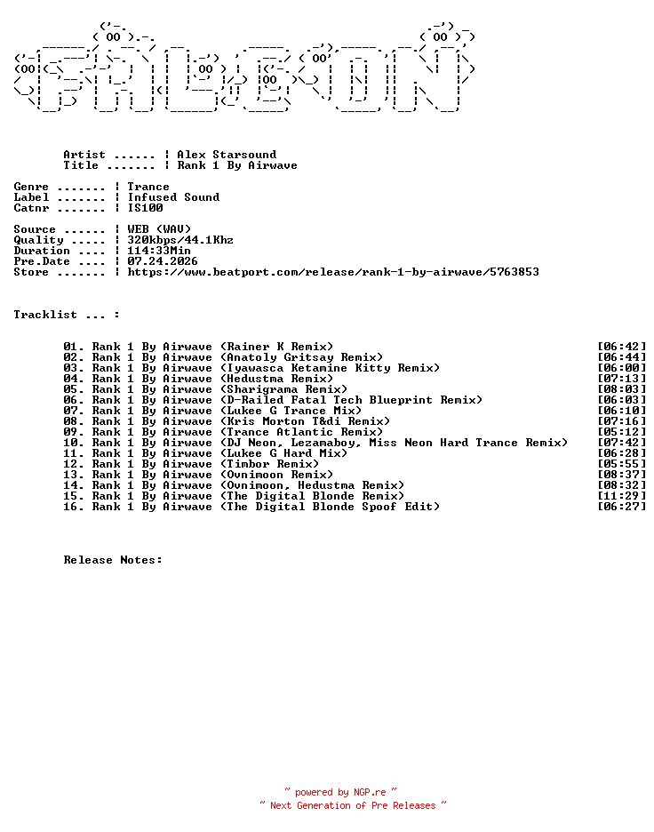 NFO for the release Alex_Starsound-Rank_1_By_Airwave-(IS100)-WEB-2026-FALCON by FALCON
