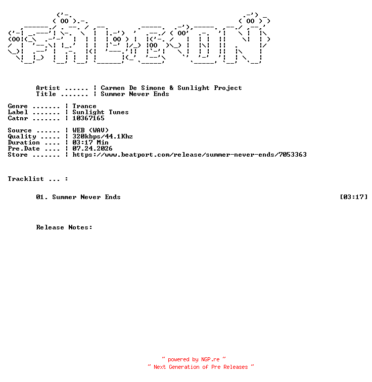 NFO for the release Carmen_De_Simone_And_Sunlight_Project-Summer_Never_Ends-(10367165)-SINGLE-WEB-2026-FALCON by FALCON