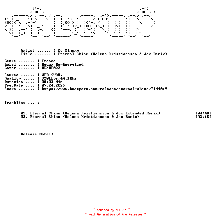 NFO for the release DJ_Simsky-Eternal_Shine_Helena_Kristiansson_And_Jox_Remix-(RDXRE022)-WEB-2026-FALCON by FALCON