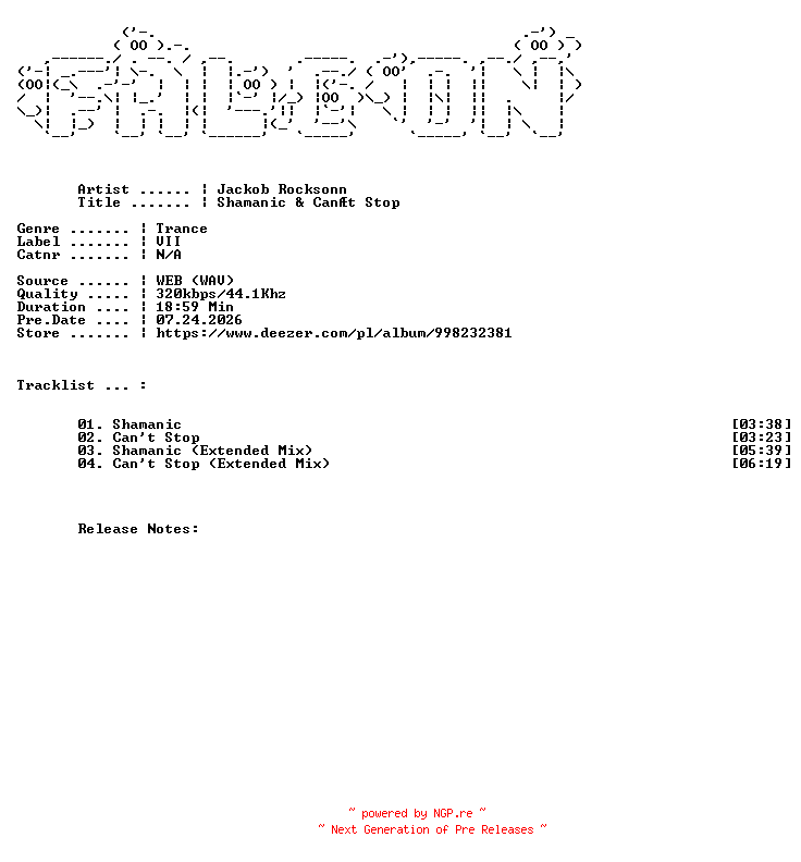 NFO for the release Jackob_Rocksonn-Shamanic_And_Cant_Stop-WEB-2026-FALCON by FALCON