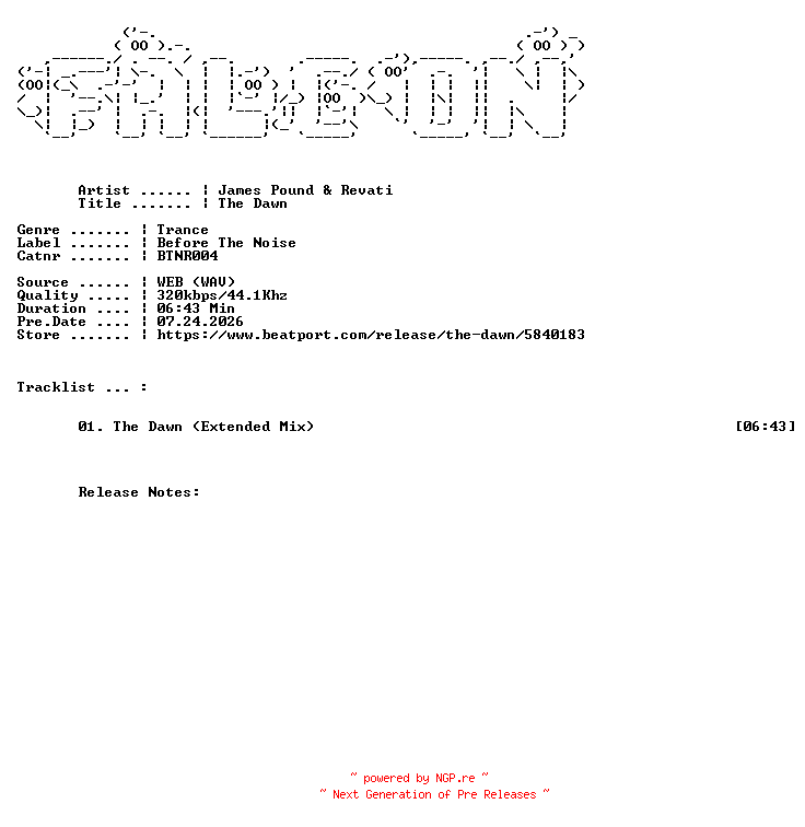 NFO for the release James_Pound_And_Revati-The_Dawn-(BTNR004)-SINGLE-WEB-2026-FALCON by FALCON