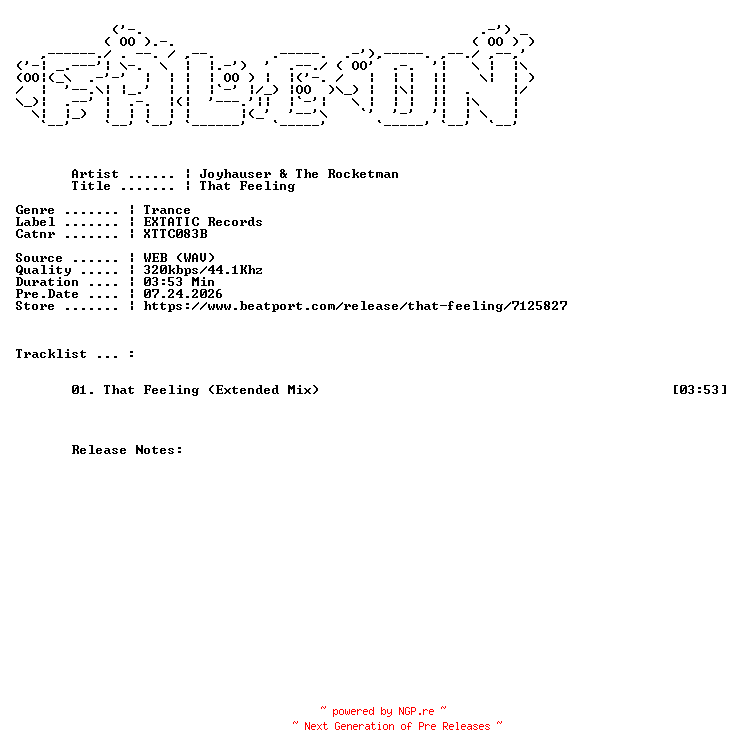 NFO for the release Joyhauser_And_The_Rocketman-That_Feeling-(XTTC083B)-SINGLE-WEB-2026-FALCON by FALCON