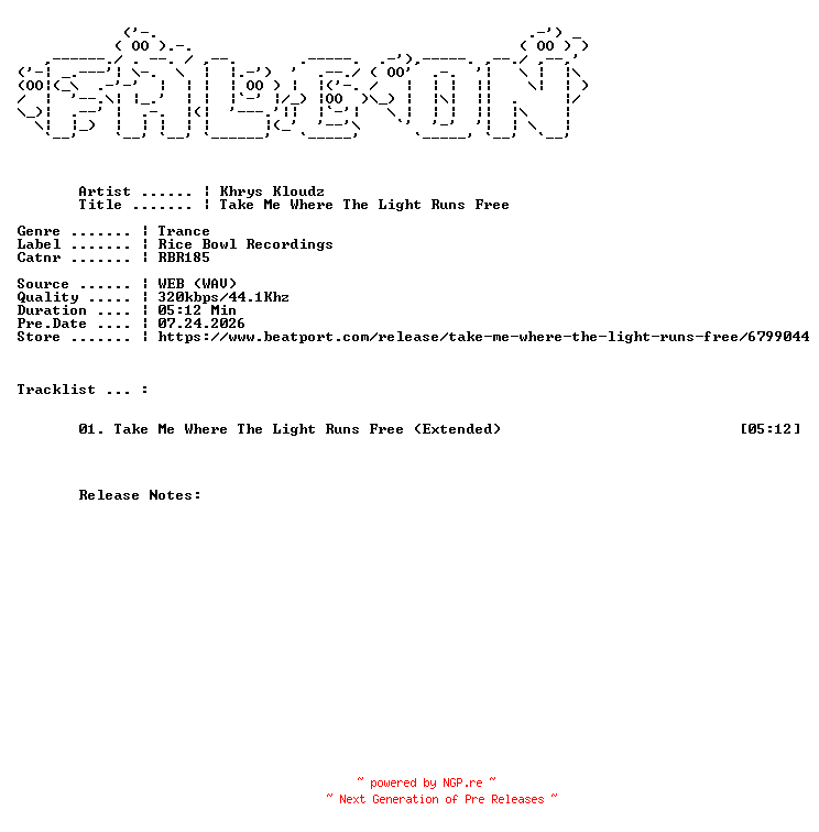 NFO for the release Khrys_Kloudz-Take_Me_Where_The_Light_Runs_Free-(RBR185)-SINGLE-WEB-2026-FALCON by FALCON